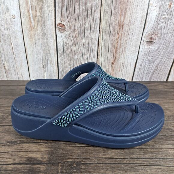 Crocs Monterey Diamante Wedge Sandals Women's Sz 9 Navy (VGC) - Picture 3 of 8